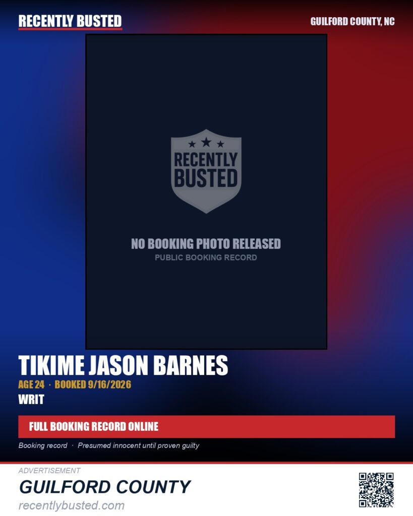 TIKIME JASON BARNES — arrest record card, Guilford County, North Carolina