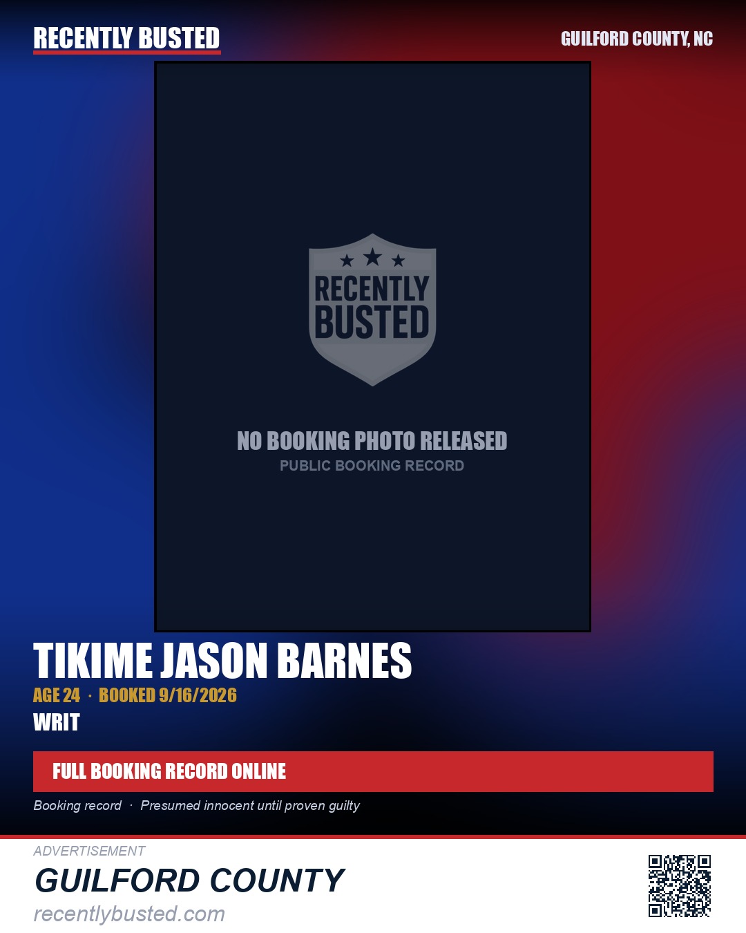 TIKIME JASON BARNES — arrest record card, Guilford County, North Carolina