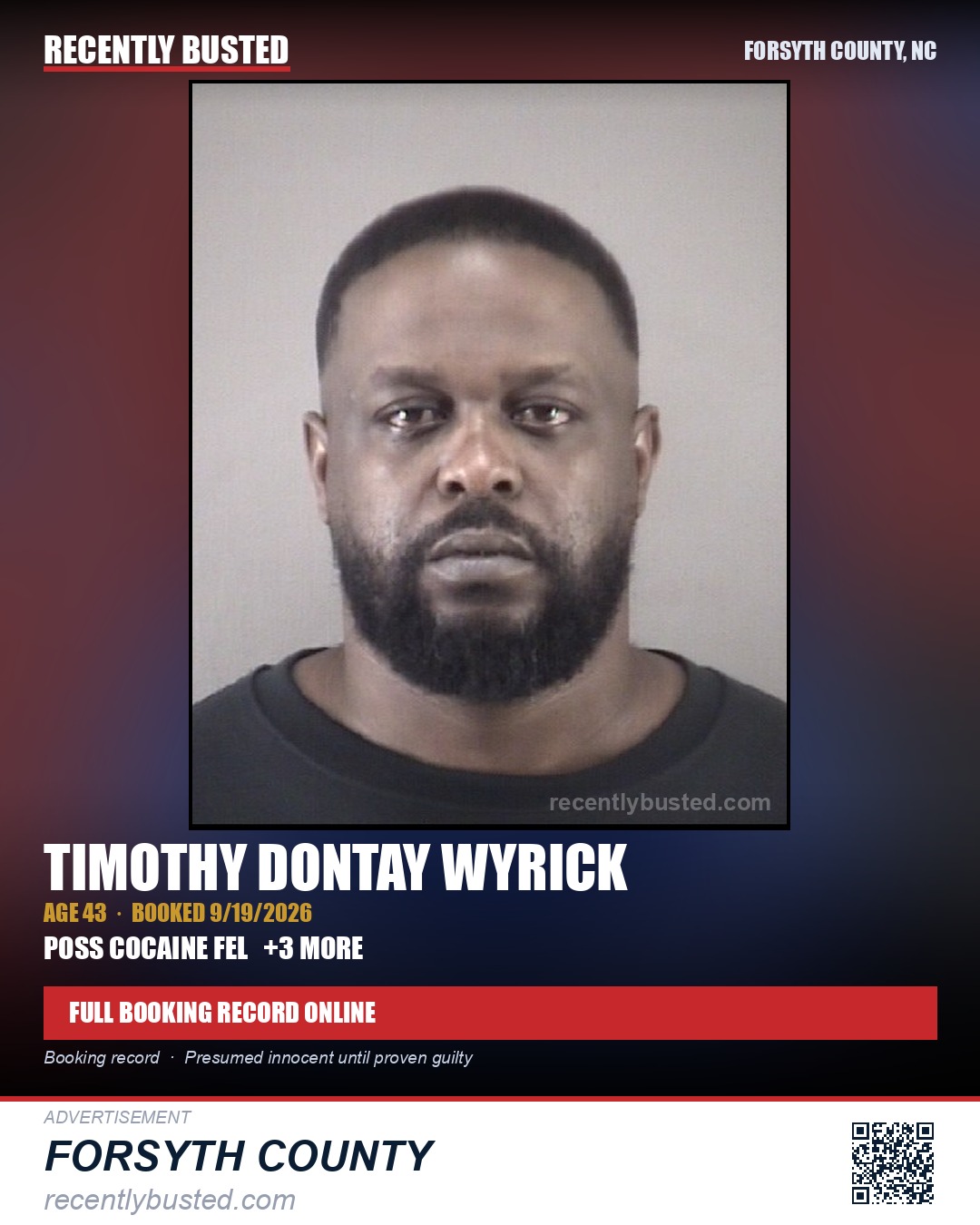 TIMOTHY DONTAY WYRICK — arrest record card, Forsyth County, North Carolina