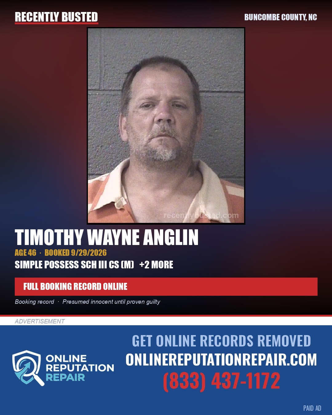 TIMOTHY WAYNE ANGLIN — arrest record card, Buncombe County, North Carolina