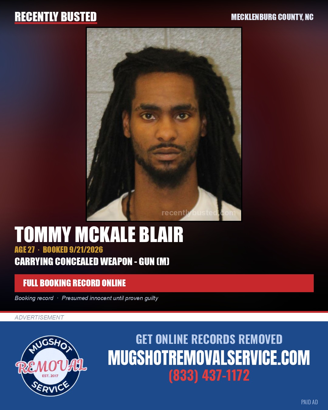 TOMMY MCKALE BLAIR — arrest record card, Mecklenburg County, North Carolina