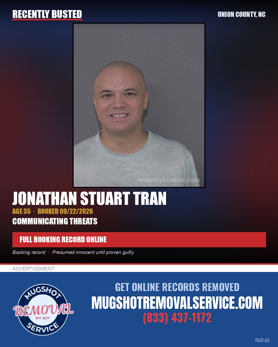 TRAN, JONATHAN STUART — arrest record card, Union County, North Carolina