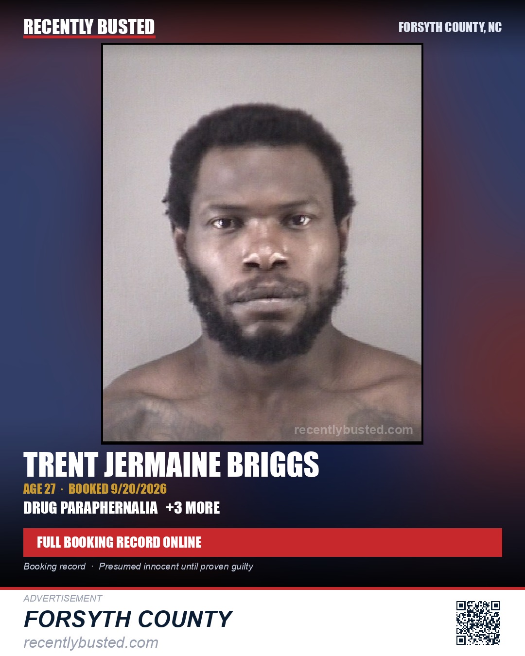 TRENT JERMAINE BRIGGS — arrest record card, Forsyth County, North Carolina