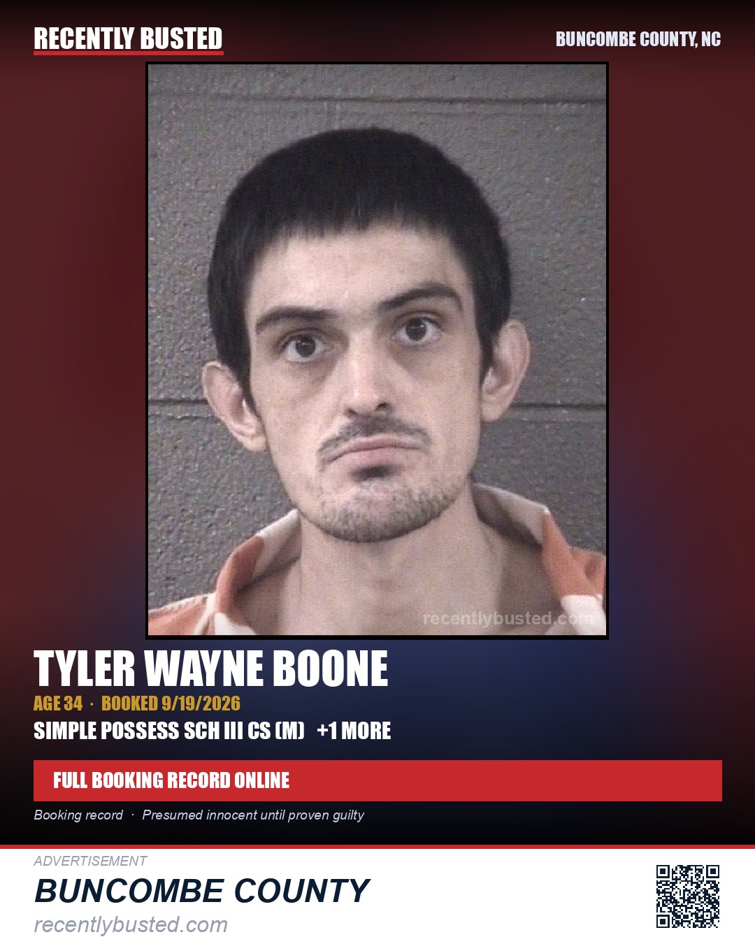 TYLER WAYNE BOONE — arrest record card, Buncombe County, North Carolina