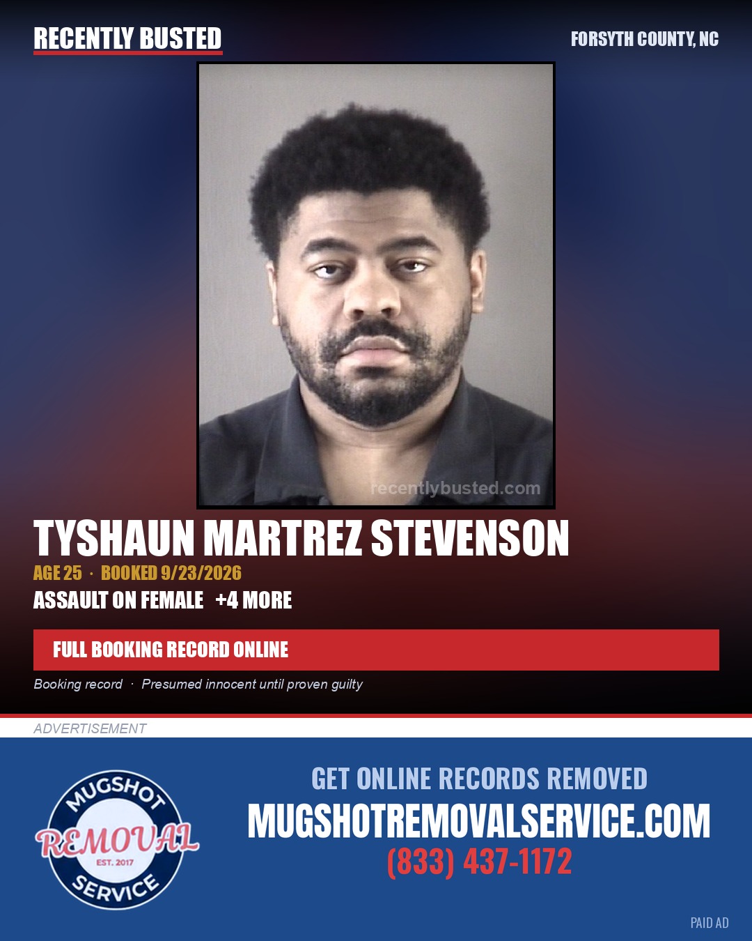 TYSHAUN MARTREZ STEVENSON — arrest record card, Forsyth County, North Carolina
