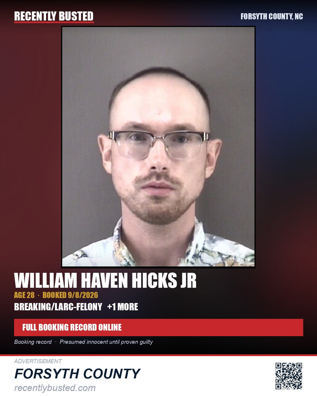 WILLIAM HAVEN HICKS JR — arrest record card, Forsyth County, North Carolina