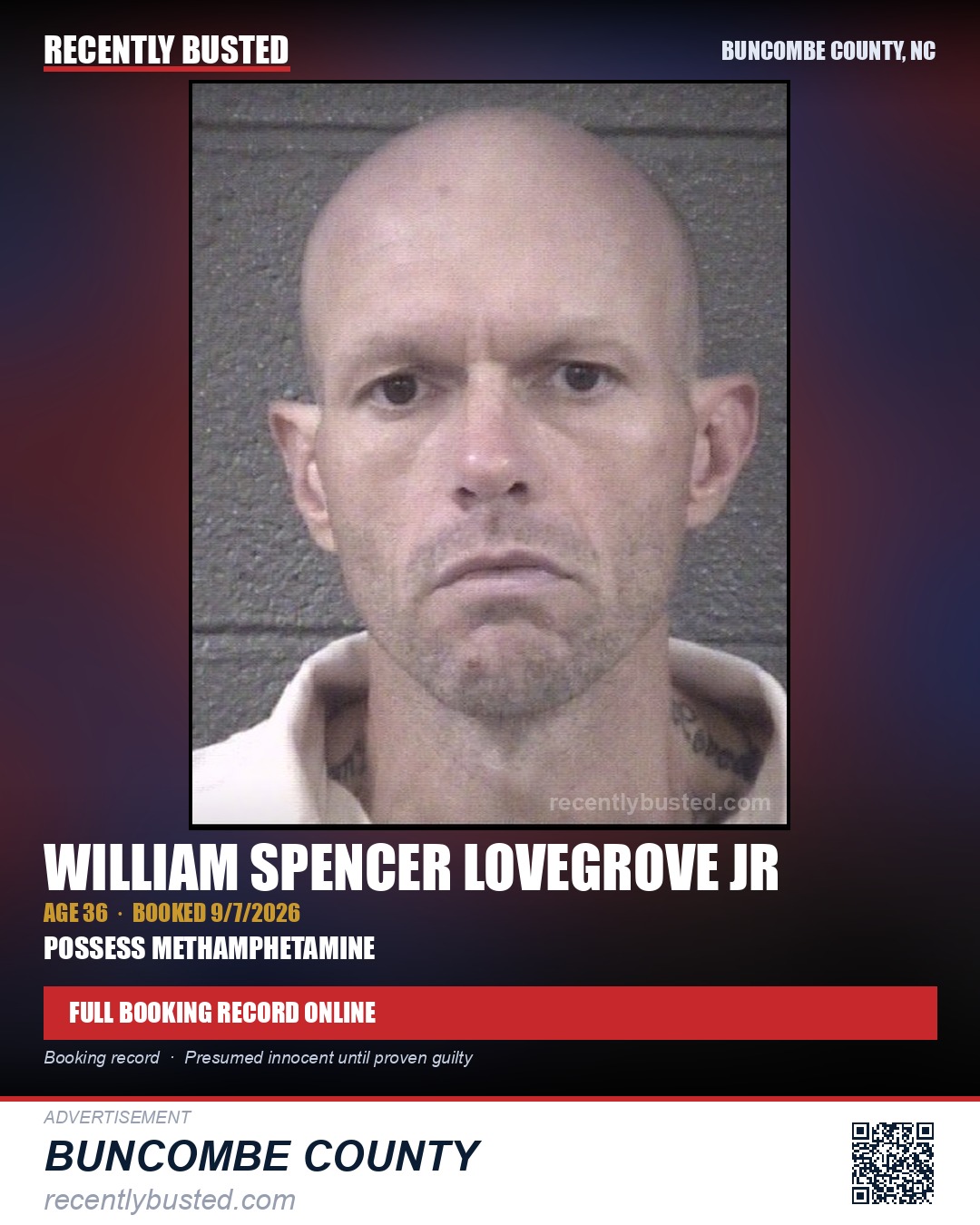 WILLIAM SPENCER LOVEGROVE JR — arrest record card, Buncombe County, North Carolina
