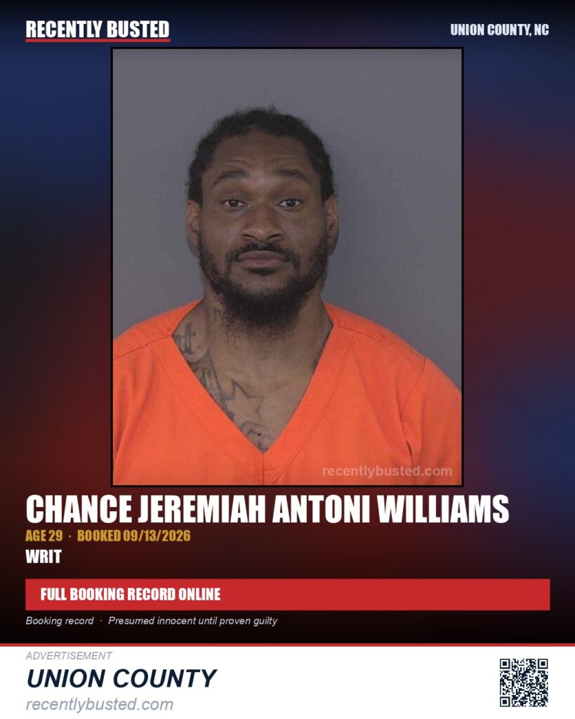 WILLIAMS, CHANCE JEREMIAH ANTONI — arrest record card, Union County, North Carolina