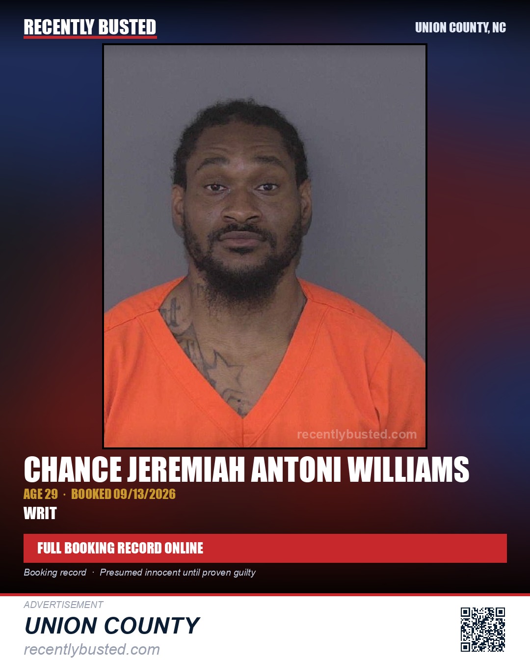 WILLIAMS, CHANCE JEREMIAH ANTONI — arrest record card, Union County, North Carolina