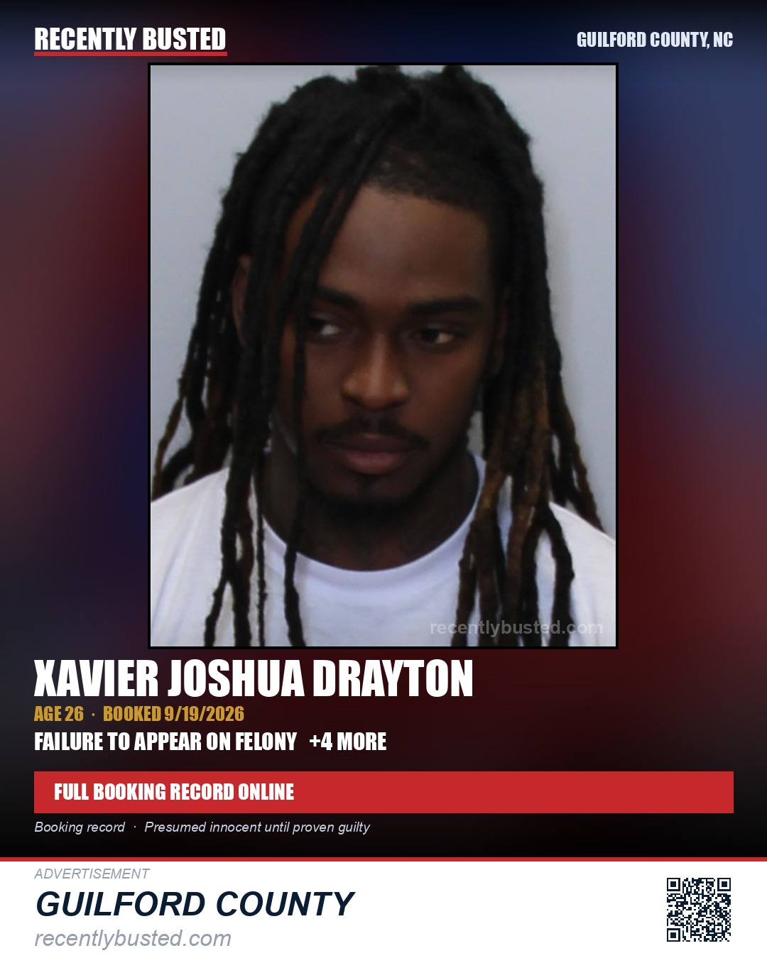 XAVIER JOSHUA DRAYTON — arrest record card, Guilford County, North Carolina