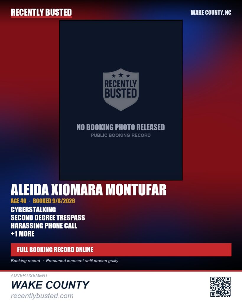 ALEIDA XIOMARA MONTUFAR — arrest record card, Wake County, North Carolina