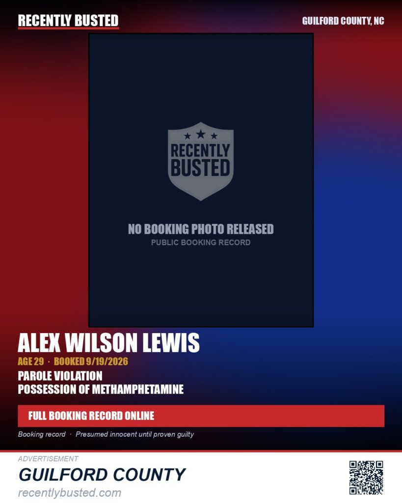 ALEX WILSON LEWIS — arrest record card, Guilford County, North Carolina