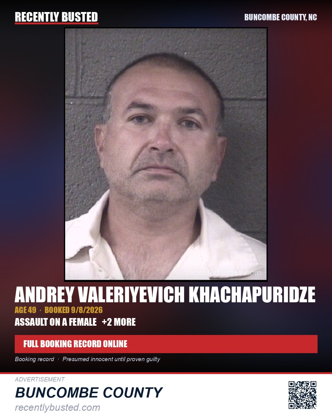 ANDREY VALERIYEVICH KHACHAPURIDZE — arrest record card, Buncombe County, North Carolina