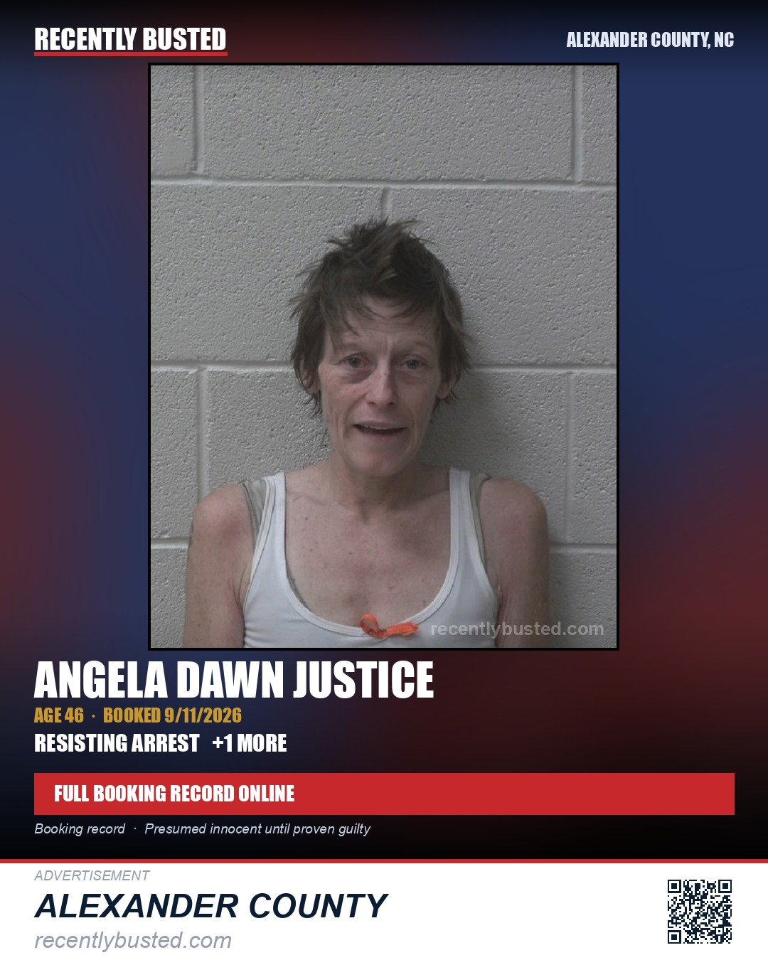 ANGELA DAWN JUSTICE — arrest record card, Alexander County, North Carolina