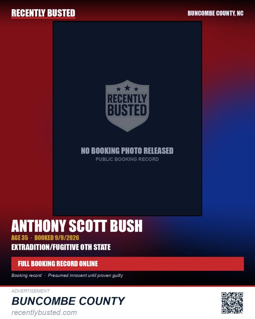 ANTHONY SCOTT BUSH — arrest record card, Buncombe County, North Carolina