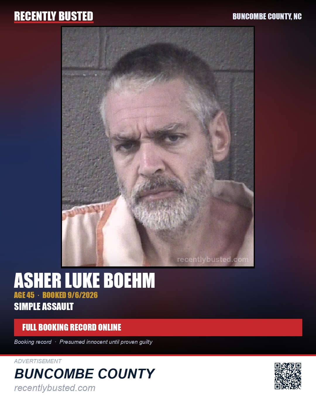 ASHER LUKE BOEHM — arrest record card, Buncombe County, North Carolina