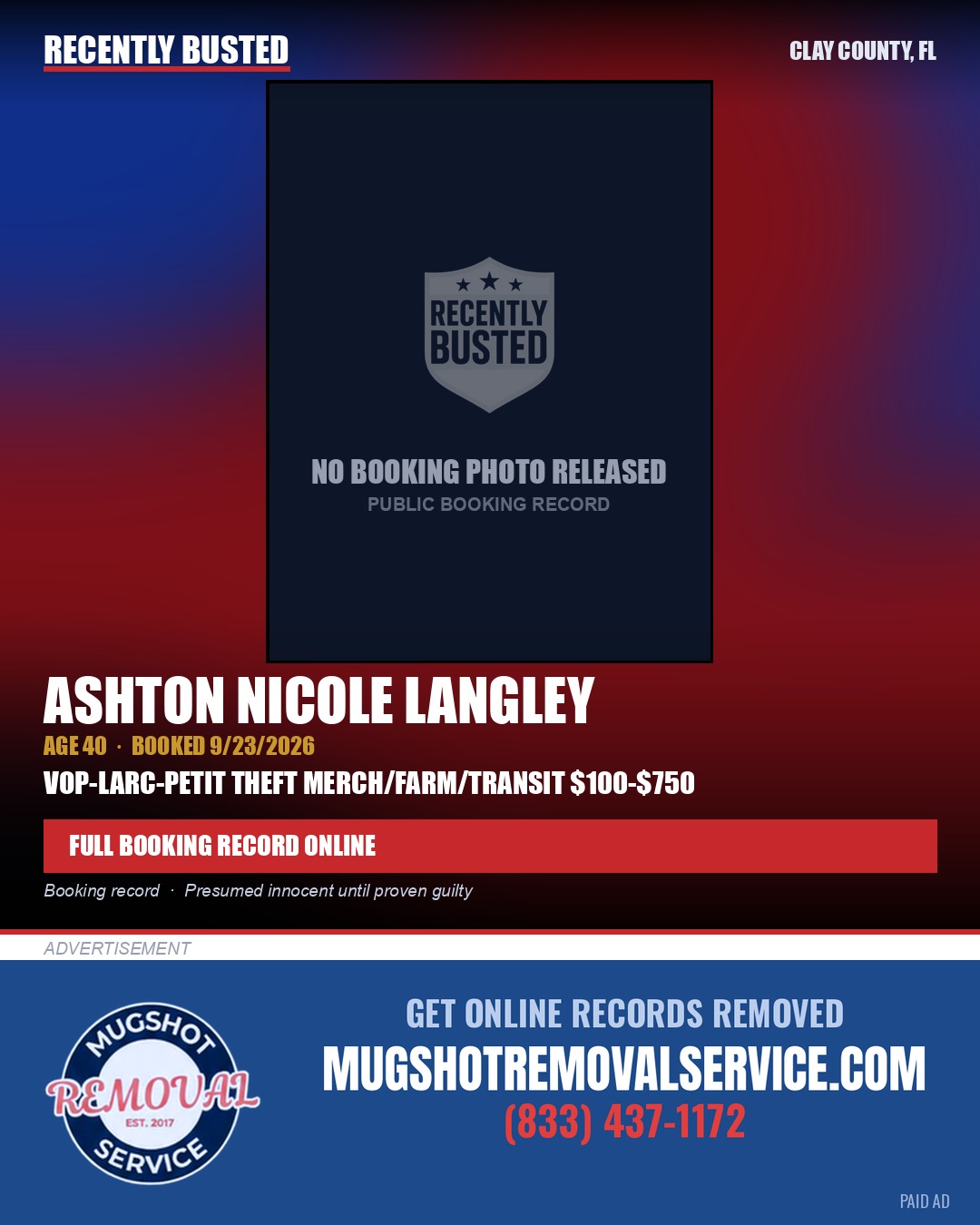 ASHTON NICOLE LANGLEY — arrest record card, Clay County, Florida