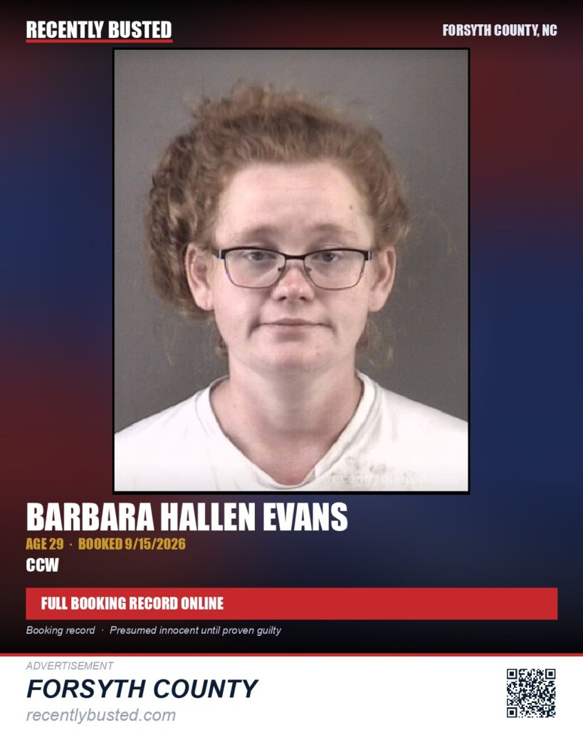 BARBARA HALLEN EVANS — arrest record card, Forsyth County, North Carolina