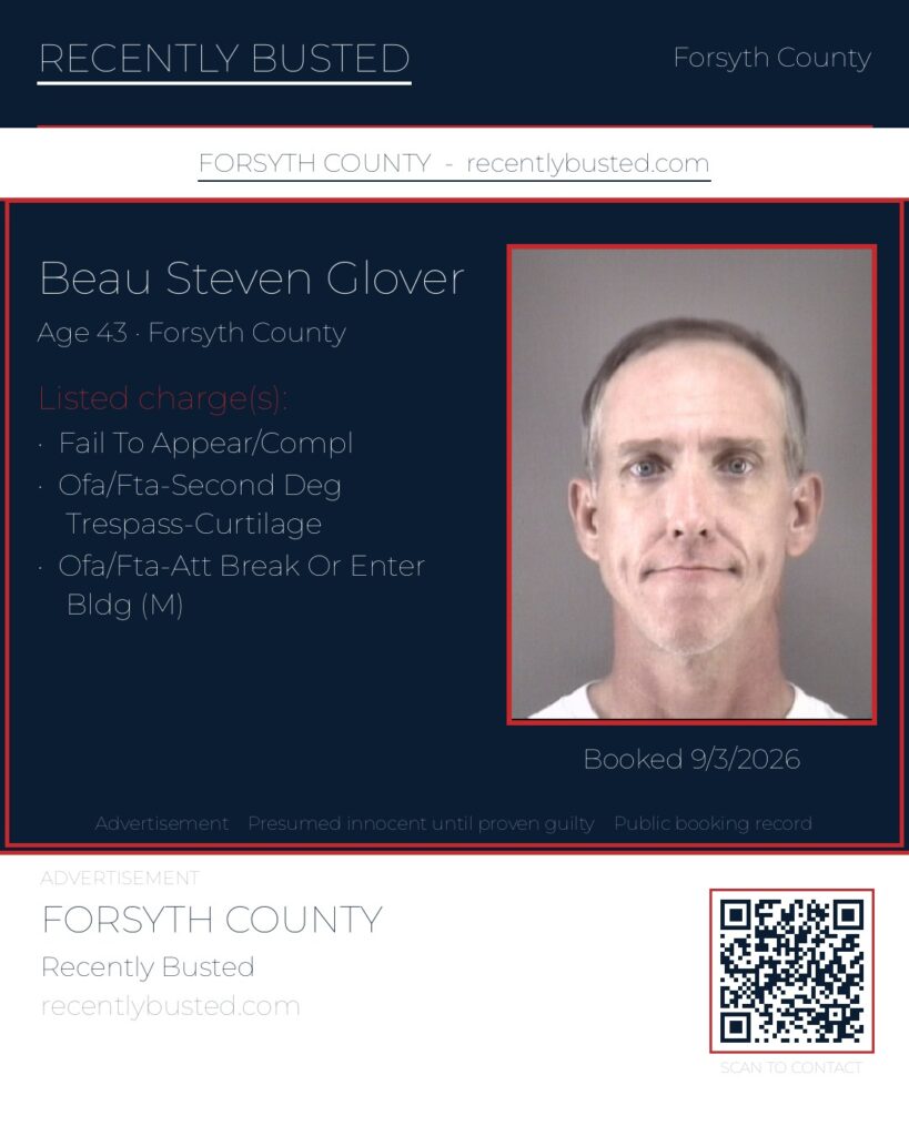 BEAU STEVEN GLOVER — arrest record card, Forsyth County, North Carolina