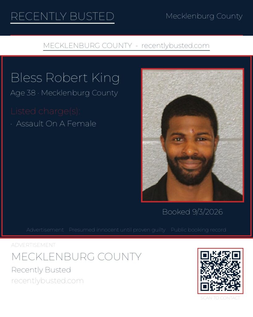 BLESS ROBERT KING — arrest record card, Mecklenburg County, North Carolina