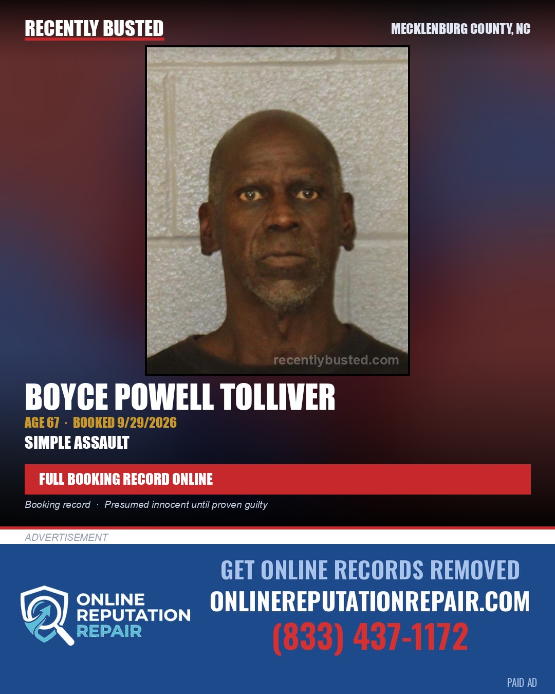 BOYCE POWELL TOLLIVER — arrest record card, Mecklenburg County, North Carolina