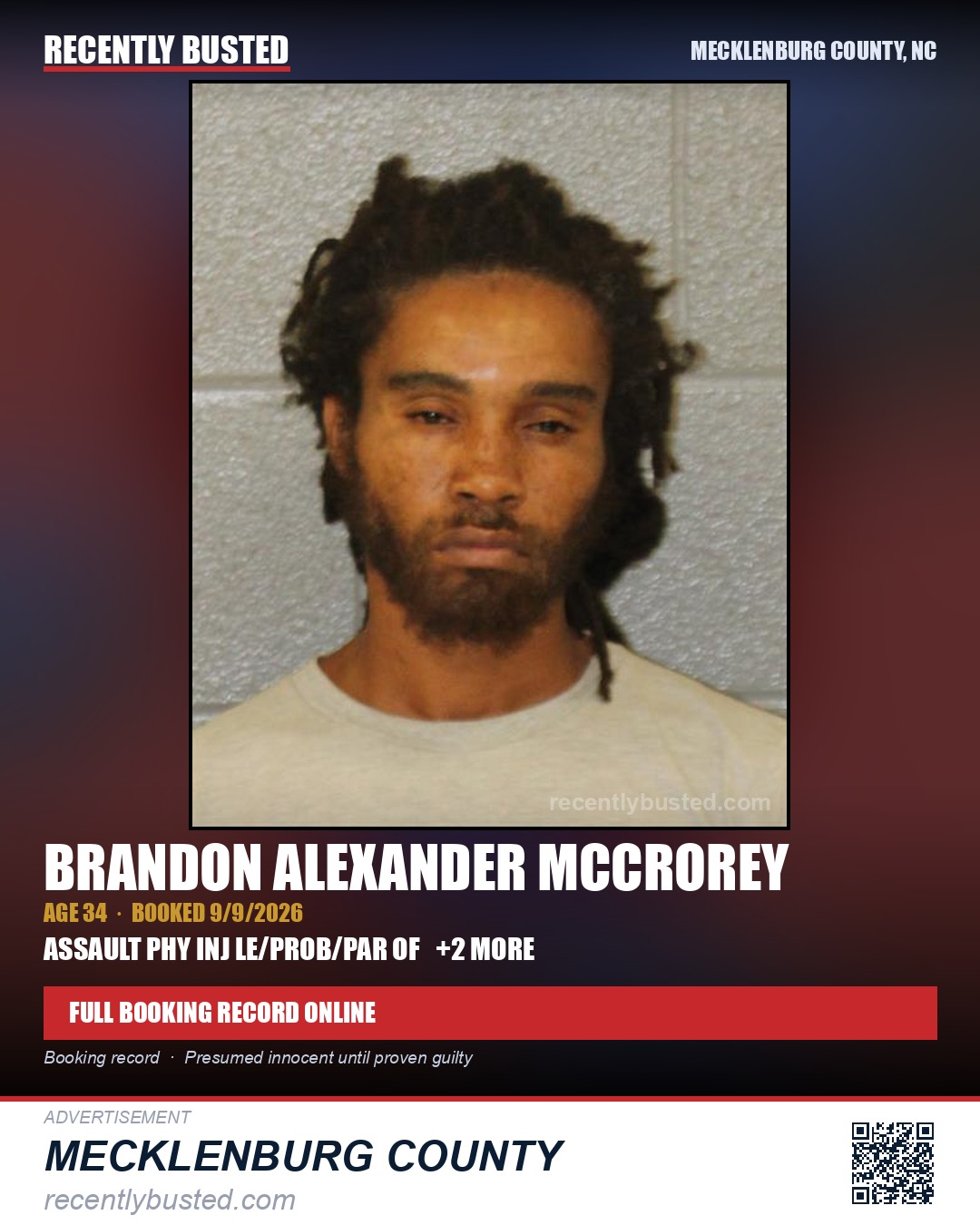 BRANDON ALEXANDER MCCROREY — arrest record card, Mecklenburg County, North Carolina