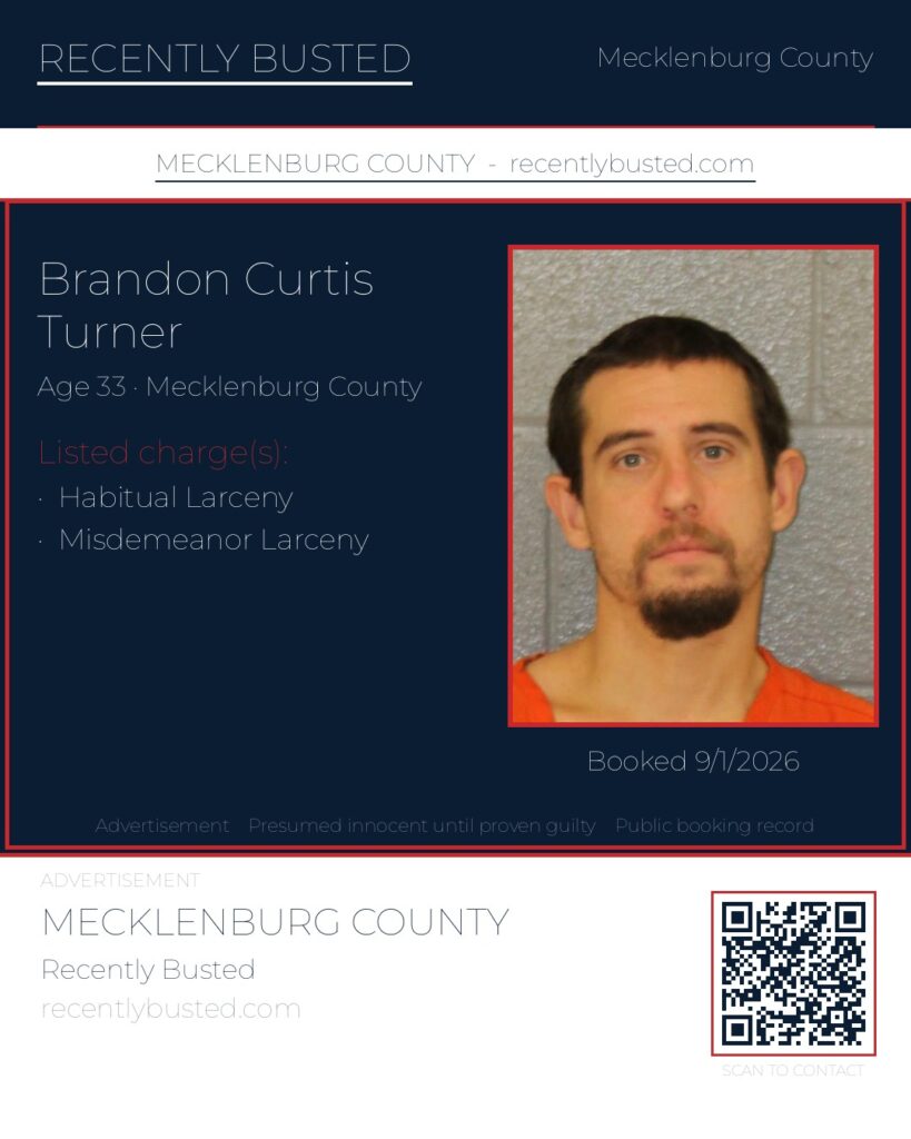 BRANDON CURTIS TURNER — arrest record card, Mecklenburg County, North Carolina