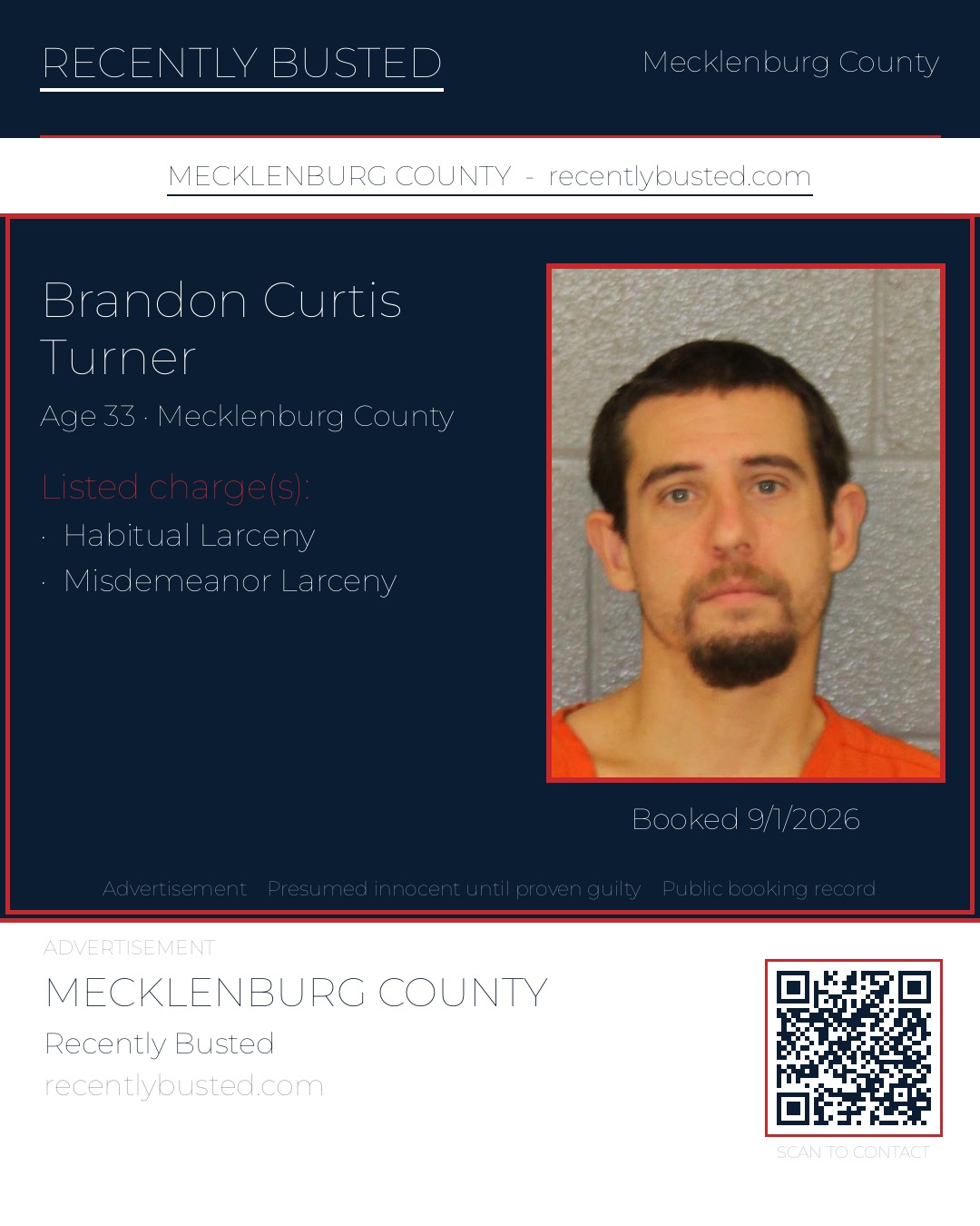 BRANDON CURTIS TURNER — arrest record card, Mecklenburg County, North Carolina