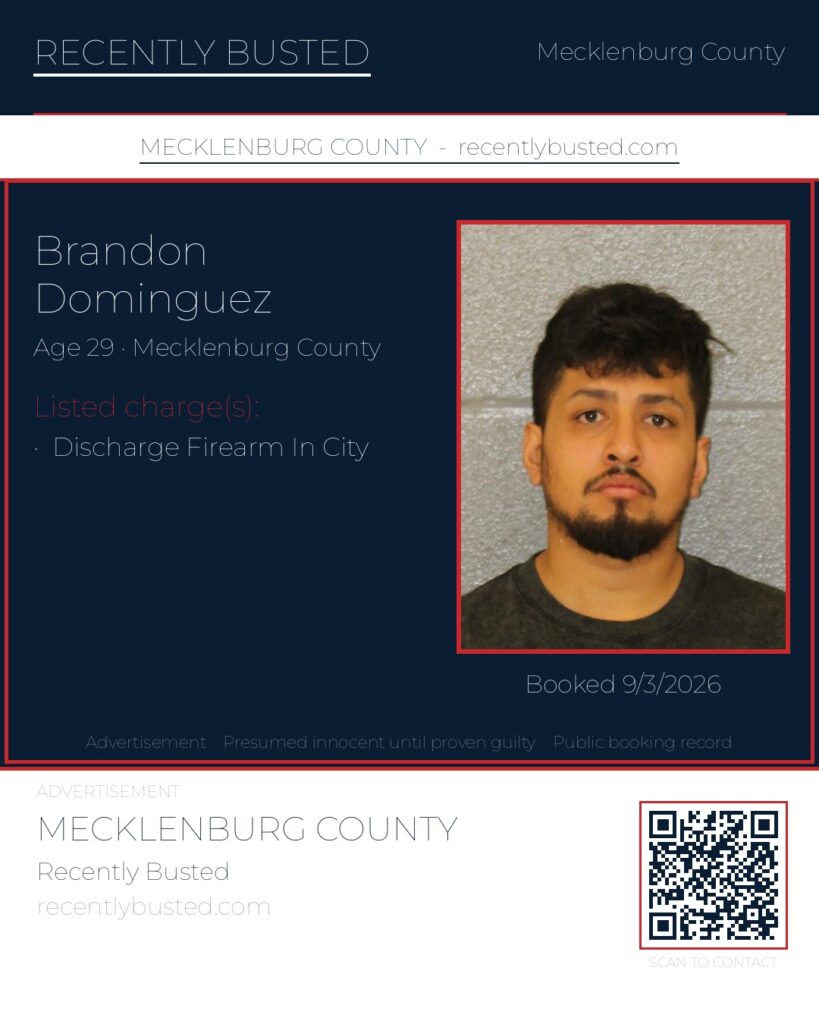BRANDON DOMINGUEZ — arrest record card, Mecklenburg County, North Carolina