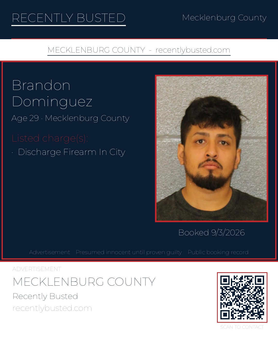 BRANDON DOMINGUEZ — arrest record card, Mecklenburg County, North Carolina