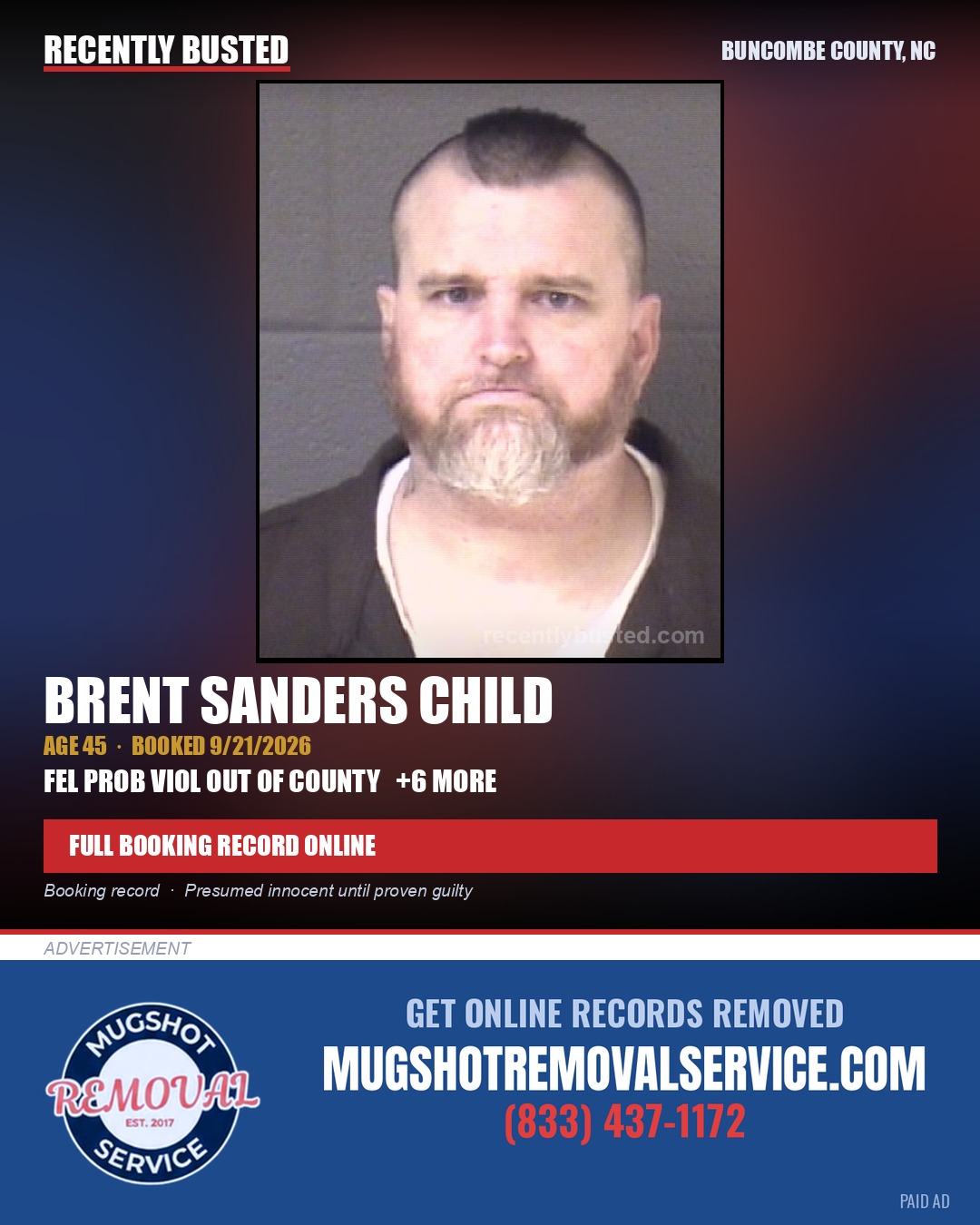 BRENT SANDERS CHILD — arrest record card, Buncombe County, North Carolina