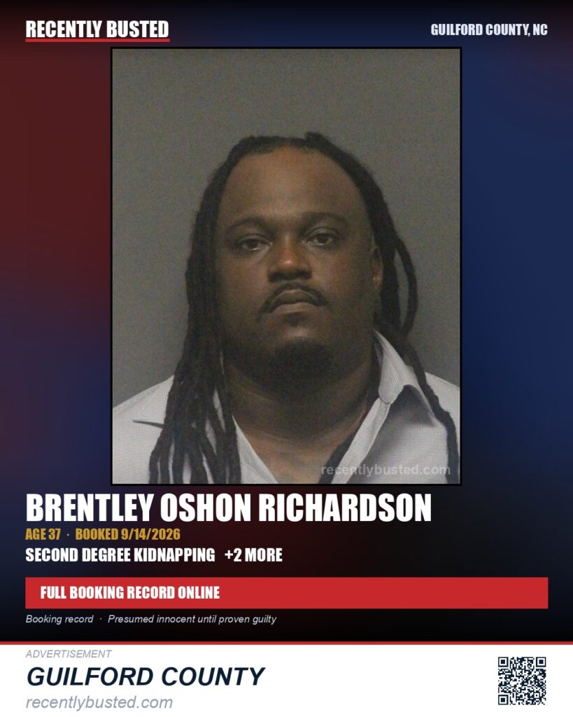 BRENTLEY OSHON RICHARDSON — arrest record card, Guilford County, North Carolina