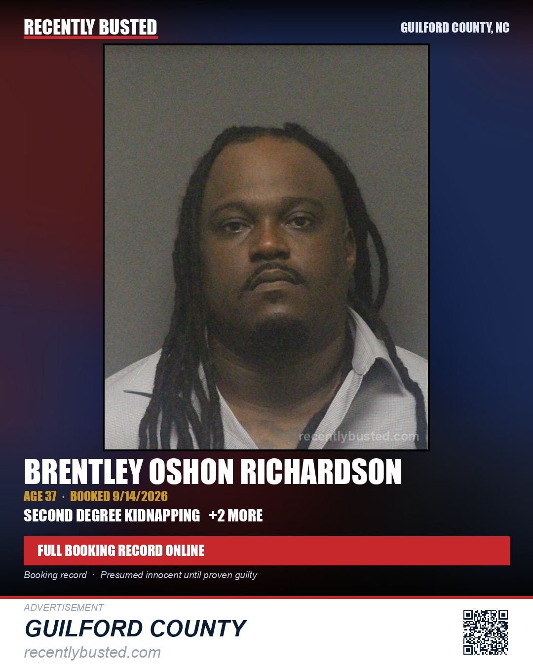 BRENTLEY OSHON RICHARDSON — arrest record card, Guilford County, North Carolina