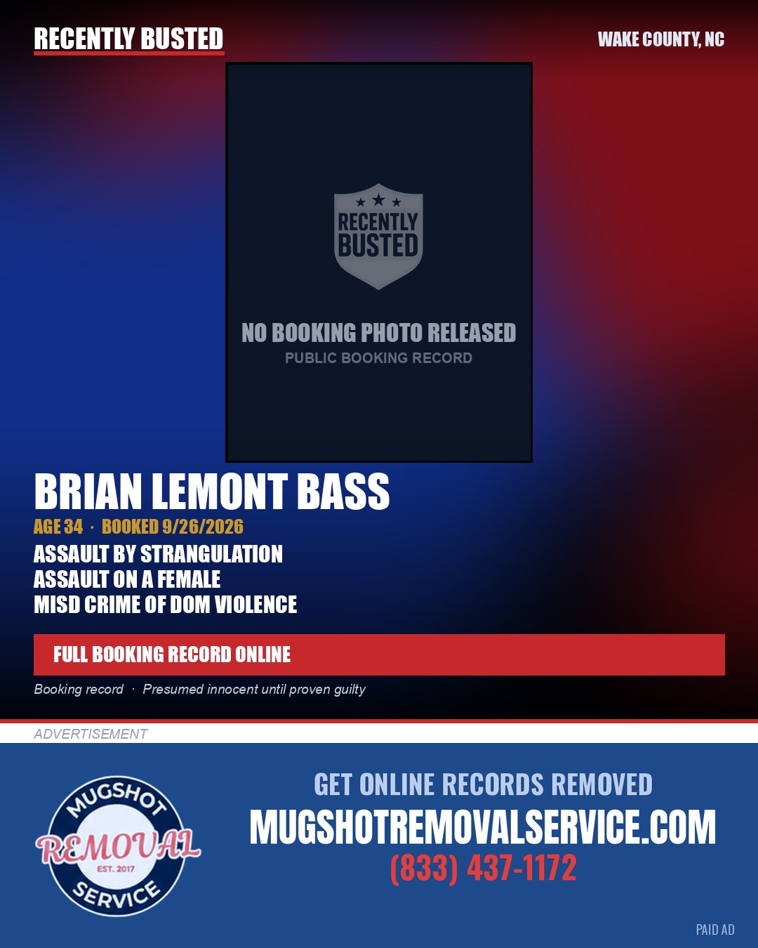 BRIAN LEMONT BASS — arrest record card, Wake County, North Carolina