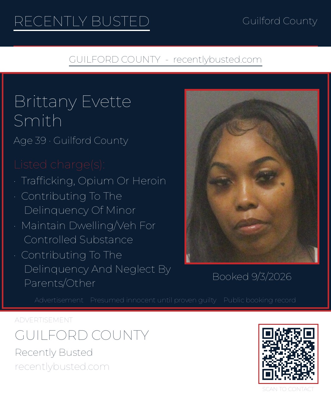 BRITTANY EVETTE SMITH — arrest record card, Guilford County, North Carolina