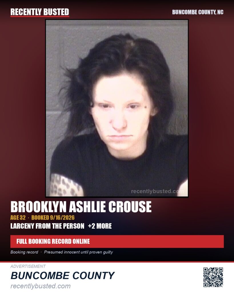 BROOKLYN ASHLIE CROUSE — arrest record card, Buncombe County, North Carolina