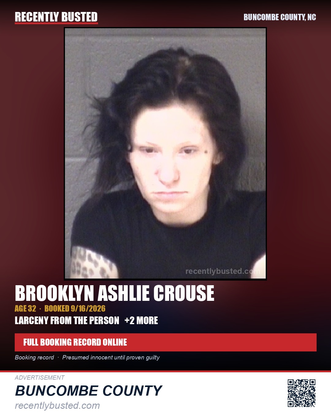 BROOKLYN ASHLIE CROUSE — arrest record card, Buncombe County, North Carolina