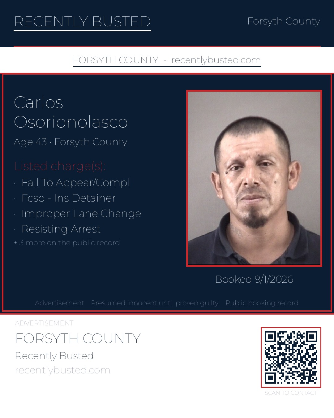 CARLOS OSORIONOLASCO — arrest record card, Forsyth County, North Carolina