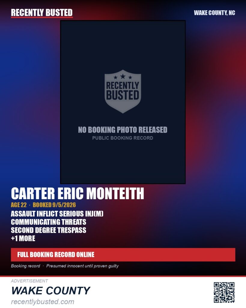 CARTER ERIC MONTEITH — arrest record card, Wake County, North Carolina