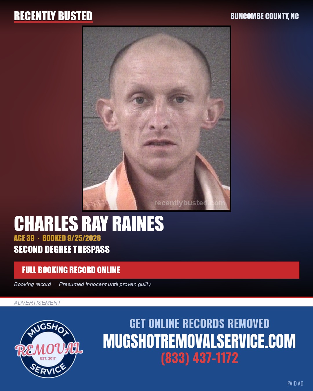 CHARLES RAY RAINES — arrest record card, Buncombe County, North Carolina