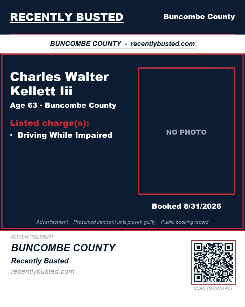 CHARLES WALTER KELLETT III — arrest record card, Buncombe County, North Carolina
