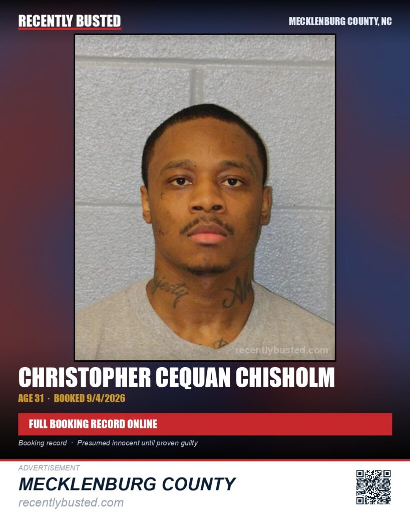 CHRISTOPHER CEQUAN CHISHOLM — arrest record card, Mecklenburg County, North Carolina