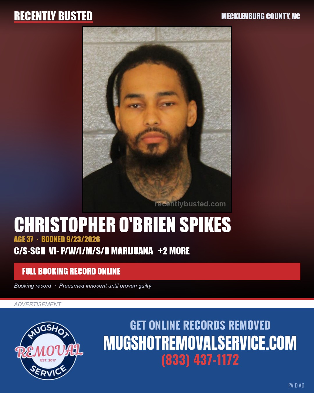 CHRISTOPHER O'BRIEN SPIKES — arrest record card, Mecklenburg County, North Carolina