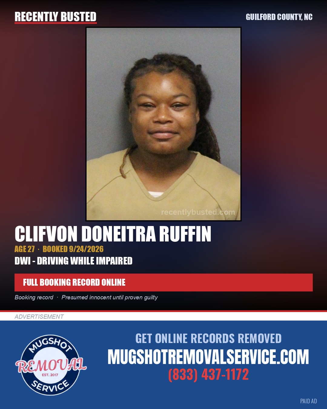 CLIFVON DONEITRA RUFFIN — arrest record card, Guilford County, North Carolina