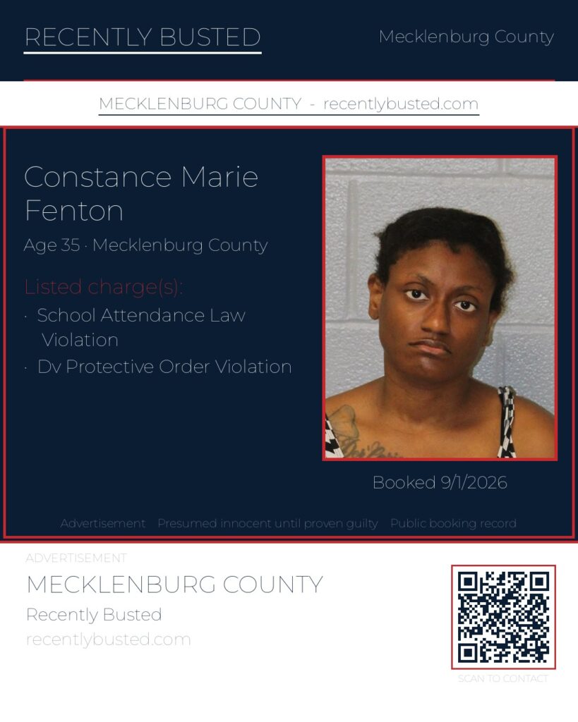 CONSTANCE MARIE FENTON — arrest record card, Mecklenburg County, North Carolina