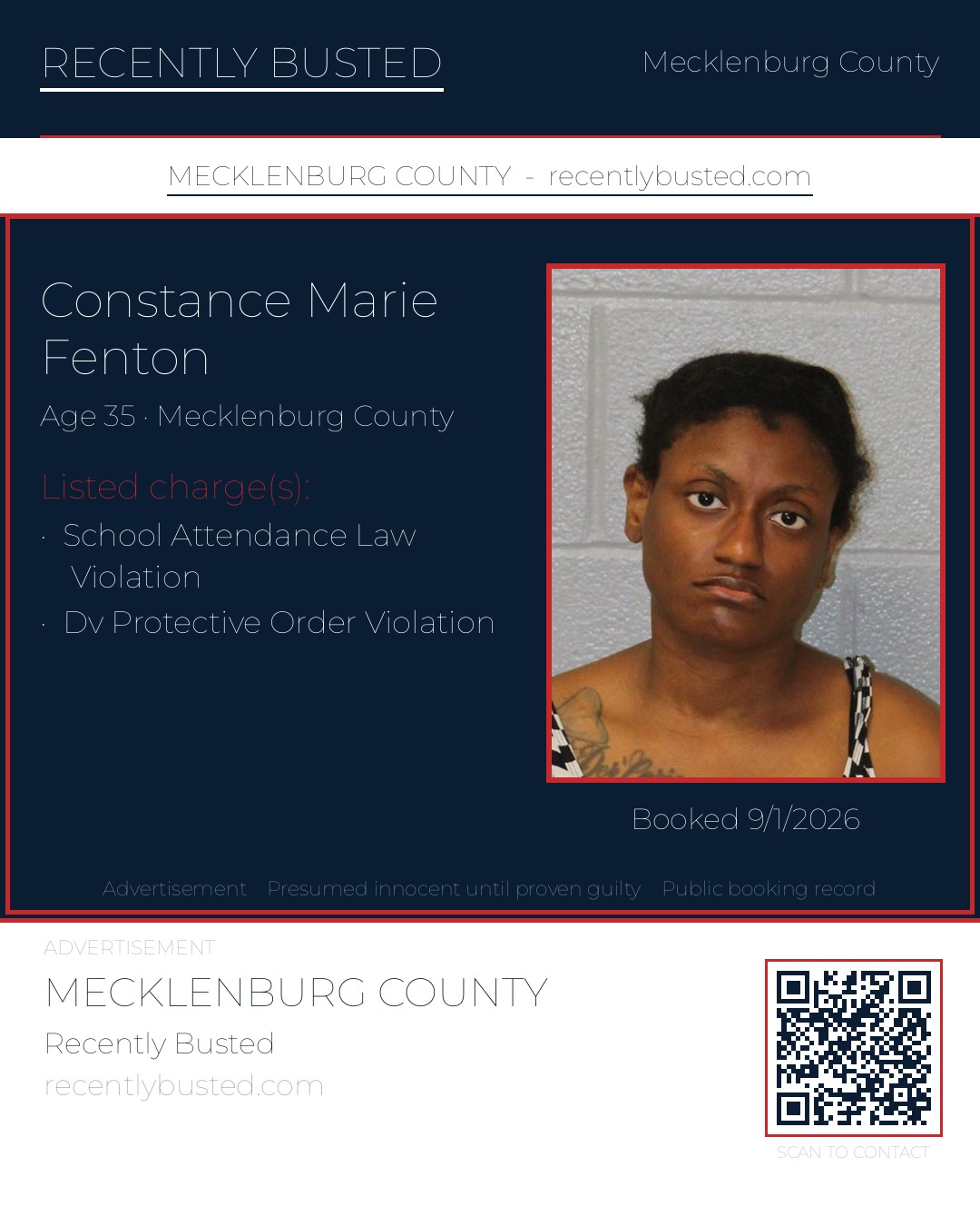 CONSTANCE MARIE FENTON — arrest record card, Mecklenburg County, North Carolina