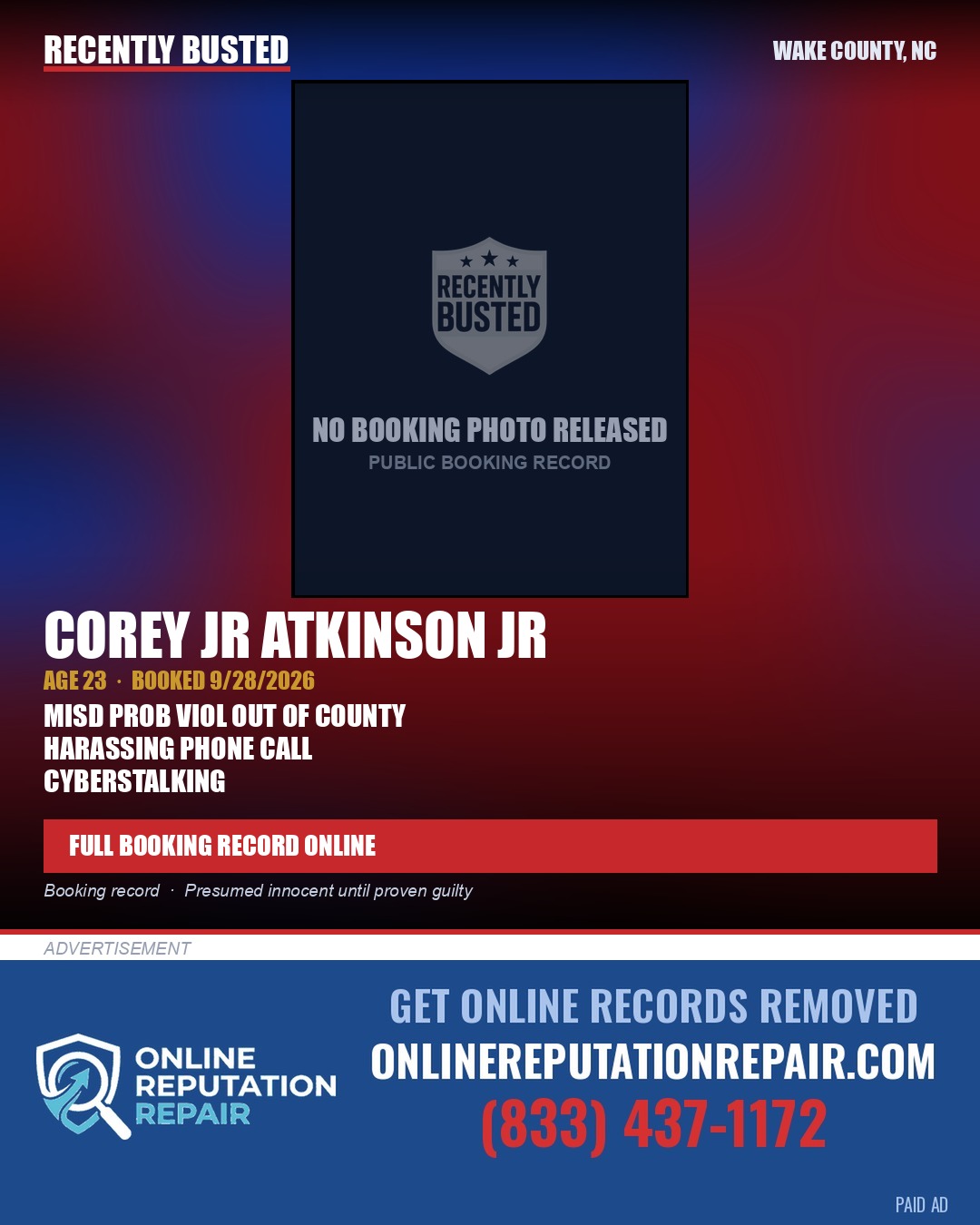 COREY JR ATKINSON JR — arrest record card, Wake County, North Carolina