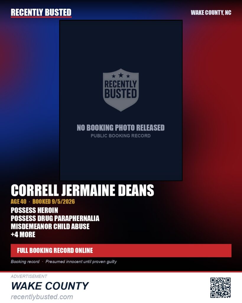 CORRELL JERMAINE DEANS — arrest record card, Wake County, North Carolina