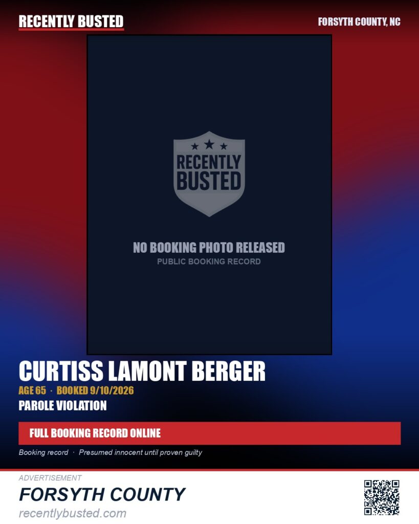 CURTISS LAMONT BERGER — arrest record card, Forsyth County, North Carolina