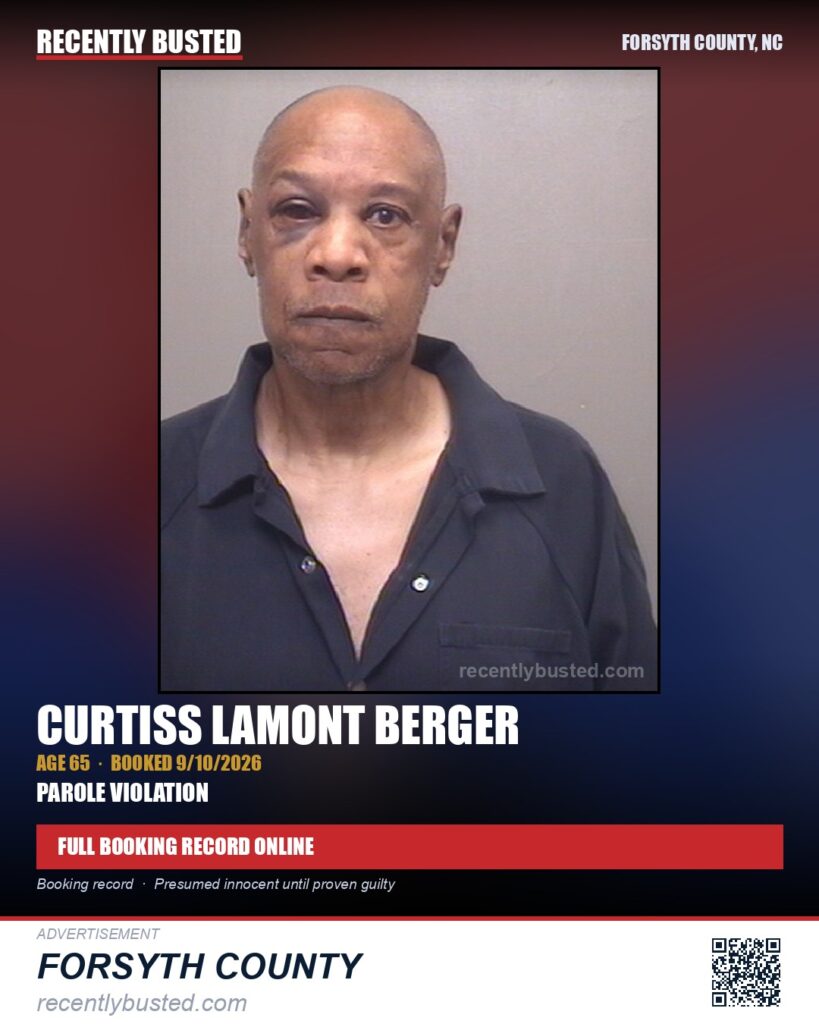 CURTISS LAMONT BERGER — arrest record card, Forsyth County, North Carolina